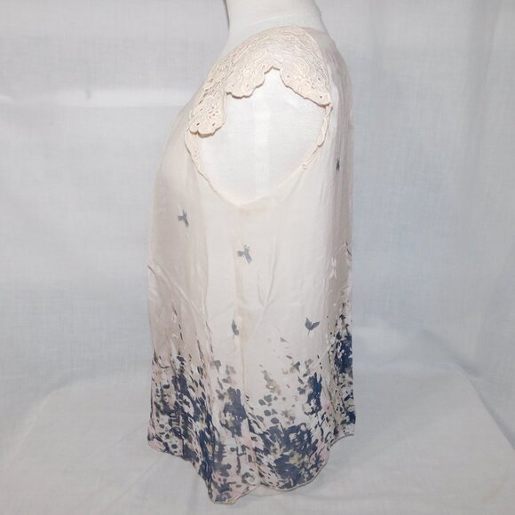 Carla Conti ivory silk abstract butterfly watercolour crochet lace cap sleeve L - Picture 10 of 13